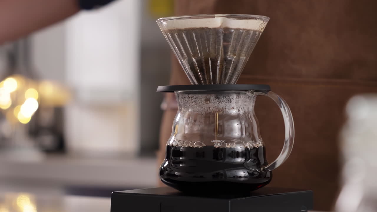 Professional barista carefully brewing hot coffee using a paper filter style, by pour over method pouring hot water to brew a caffeine beverage from black bean for aroma to a cup or mug in cafe shop