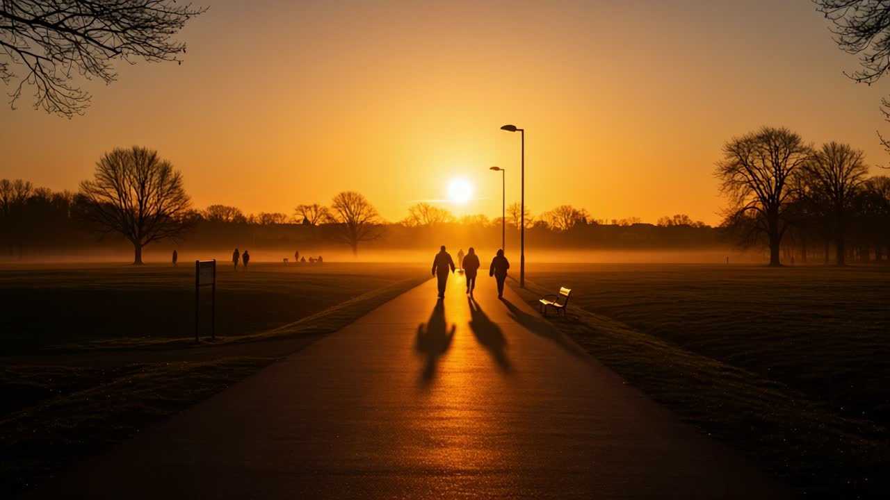 A serene morning in a tranquil park as the sun rises, casting long shadows of people walking along a peaceful path surrounded by nature's beauty and mist