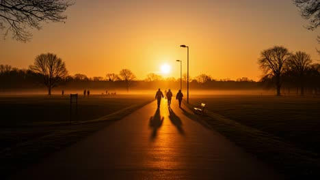 a serene morning in a tranquil park as the sun rises, casting long shadows of people walking along a peaceful path surrounded by nature's beauty and mist