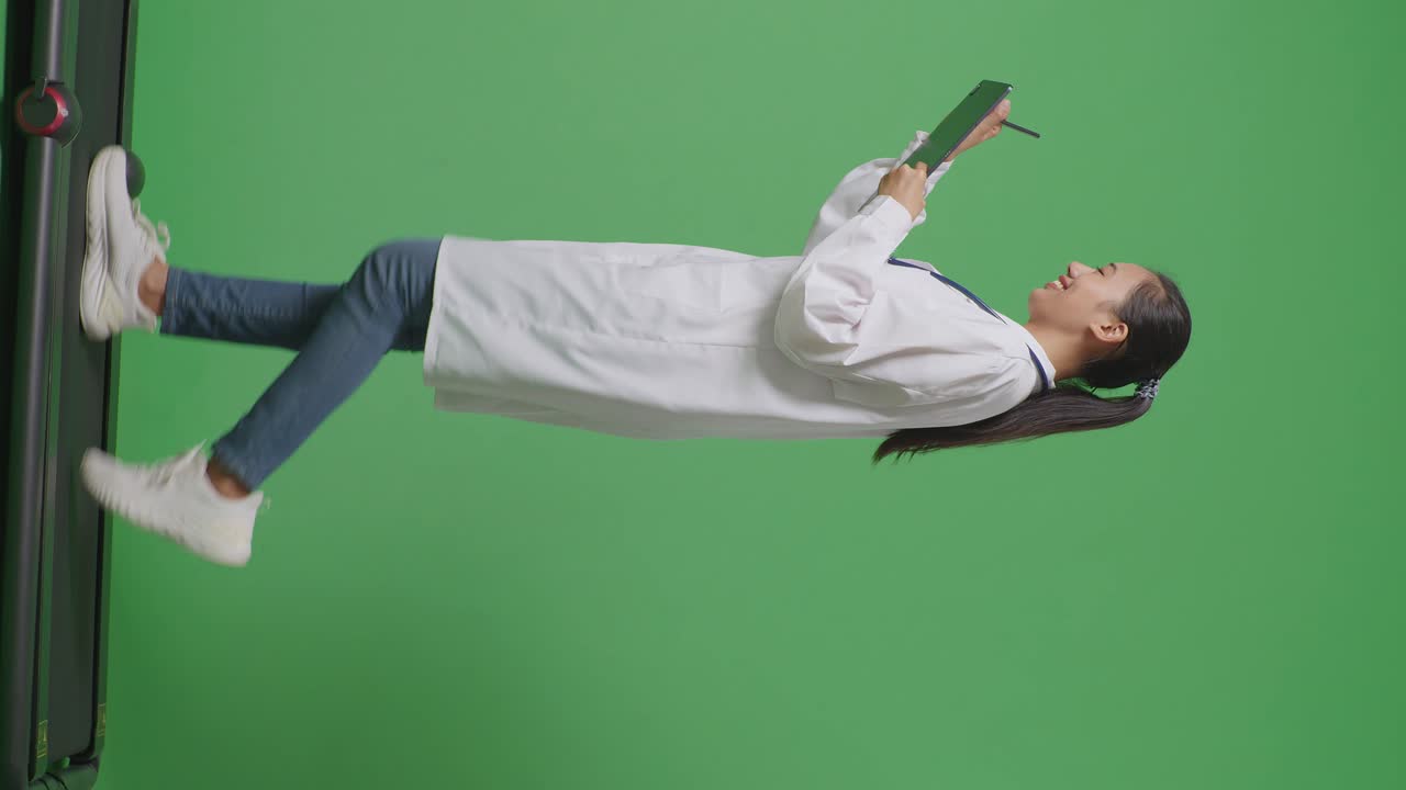 병원에서 녹색 화면 배경에서 는 동안 태블릿에 메모를 취하는 스테토스코프를 가진 아시아 여성 의사