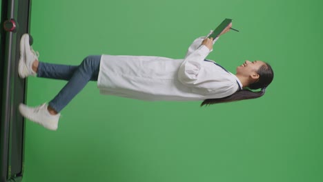 병원에서 녹색 화면 배경에서 는 동안 태블릿에 메모를 취하는 스테토스코프를 가진 아시아 여성 의사