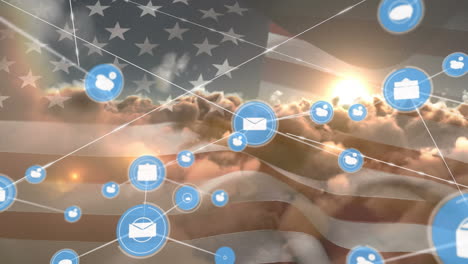 red de iconos digitales sobre agitando nuestra bandera contra las nubes en el cielo