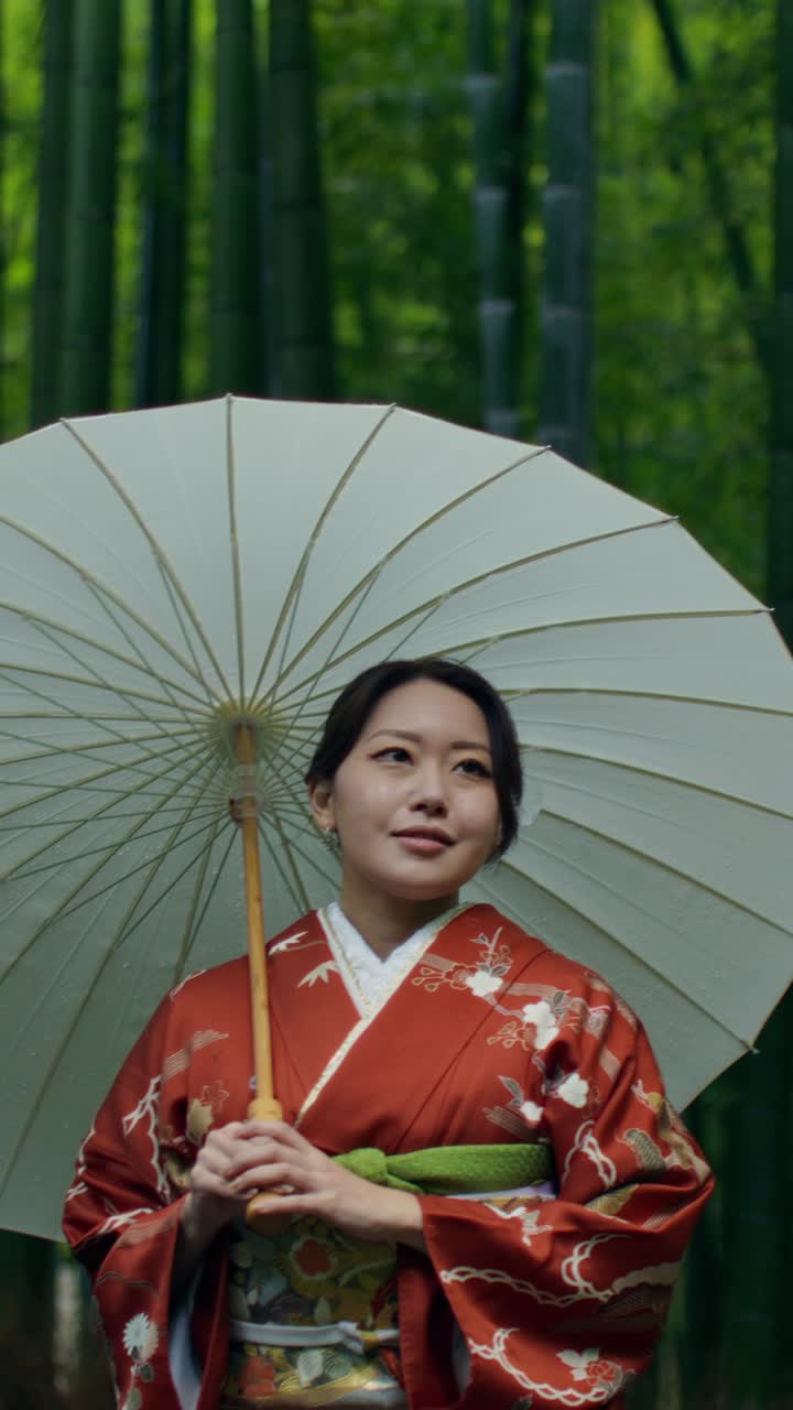 Woman in Kimono with Umbrella in a Bamboo Forest