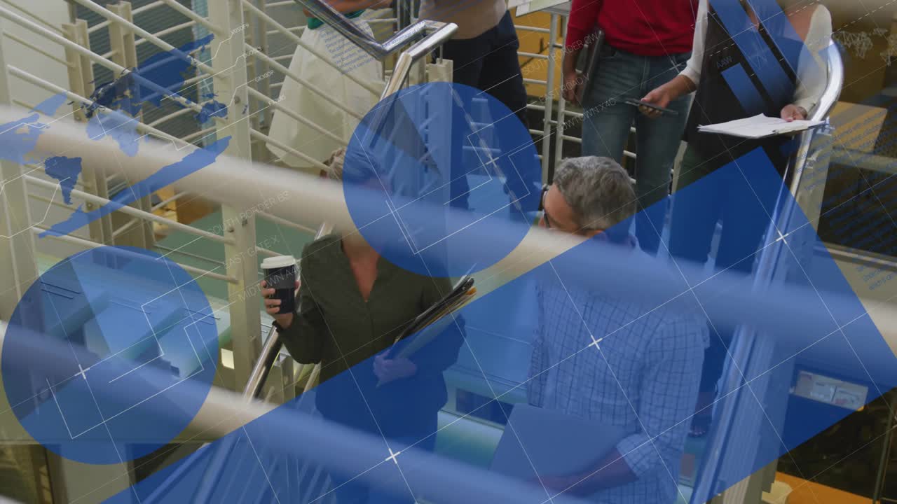Animation of infographic interface and diverse colleagues moving down on steps in office