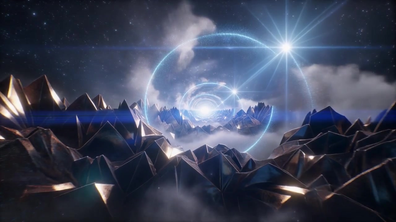 Abstrakter filmischer Flug durch eine leuchtende geometrische Berglandschaft