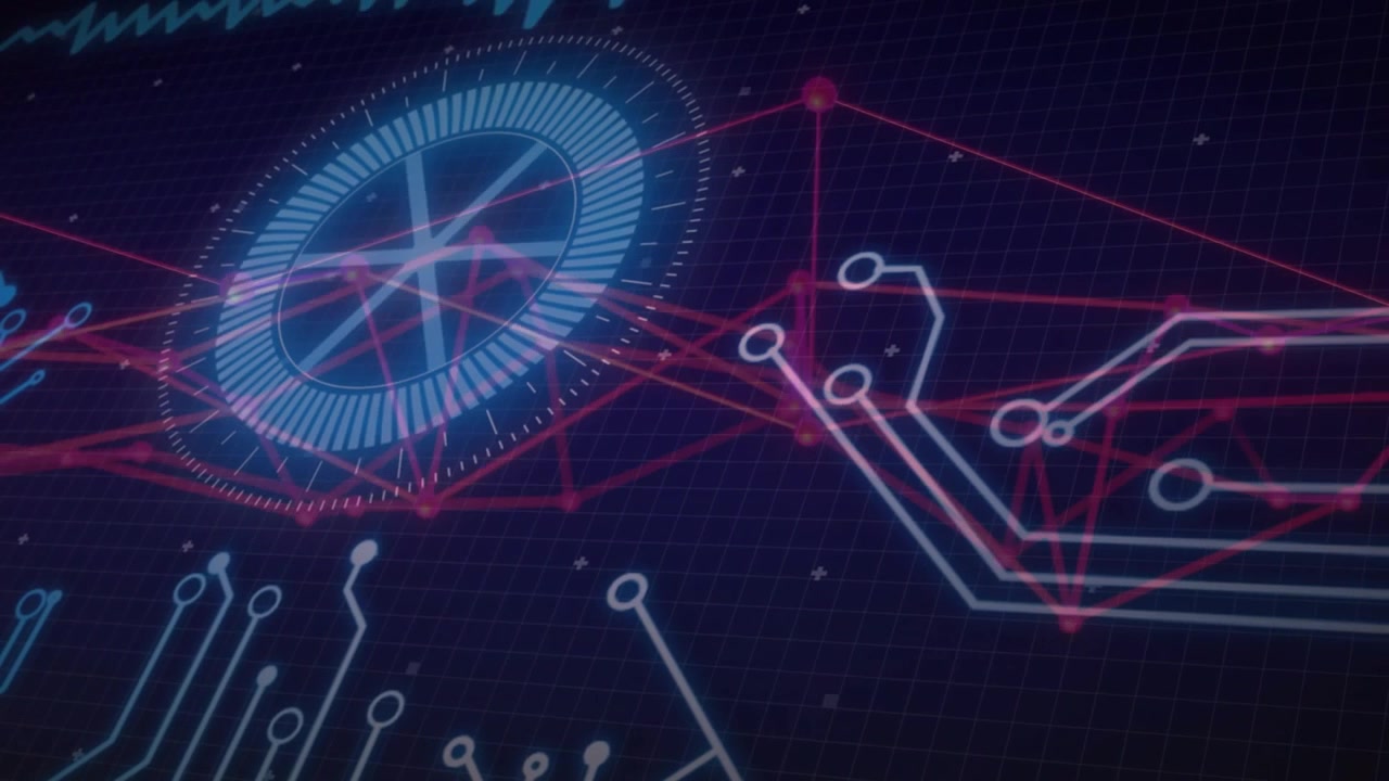 Turquoise waveform pulsing triggers network mesh expanding with rotating gauge showing data flow