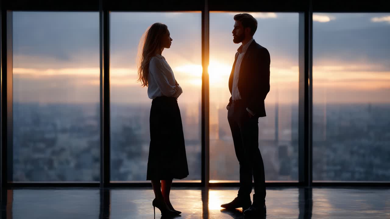 Una conversazione romantica in controluce al tramonto: un uomo e una donna si godono un momento di relax davanti a un paesaggio mozzafiato.