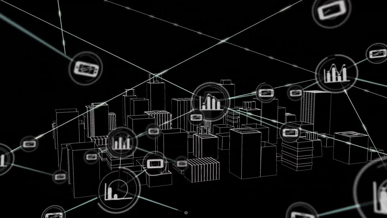 Animation of network of connections with icons over 3d city drawing on black background