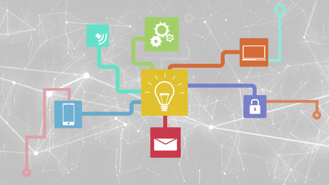 회색 배경에 여러 가지 다채로운 아이콘을 가진 연결 네트워크의 애니메이션