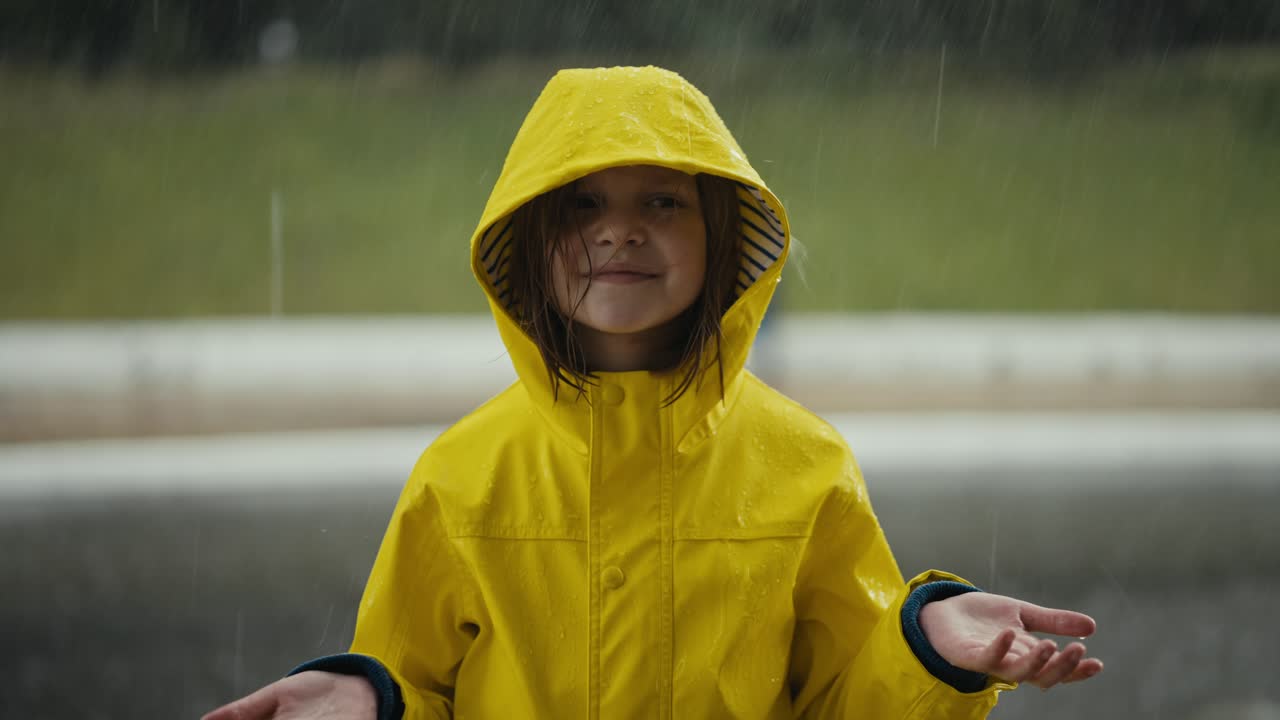 Portrait of a happy little teenage girl in a yellow jacket standing in the rain and catching raindrops with her hands in the park while walking