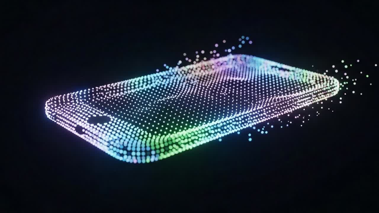 Vibrant 3D Visualization of a Smartphone with Dynamic Dot Patterns in a Dark Environment, Showcasing Modern Digital Art Techniques and Technology Innovations