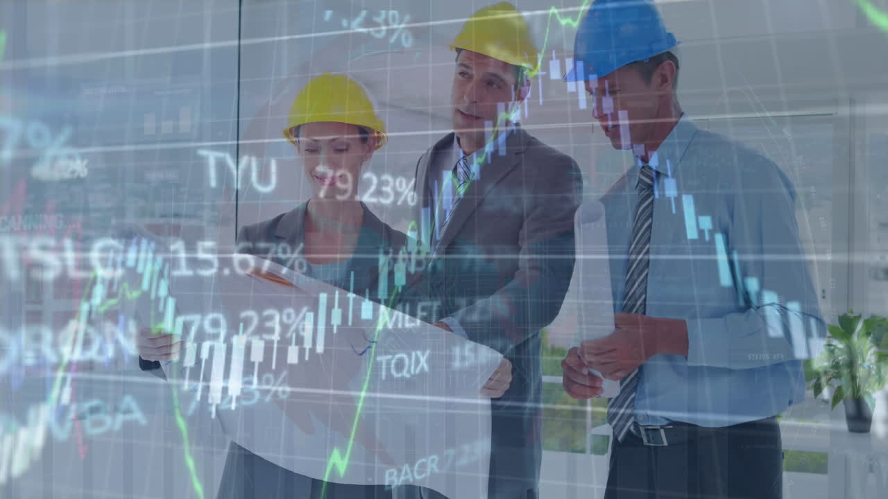 animación de gráficos y tablero de negociación sobre diversos ingenieros discutiendo el plan en la oficina.