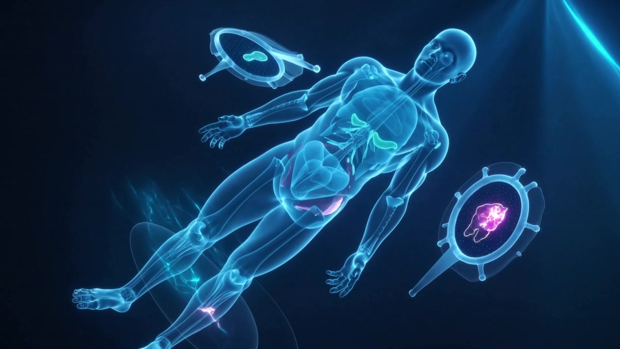 Floating model showing organs in holo lab with pink-cyan HUDs, lit leg marker starting medical scan