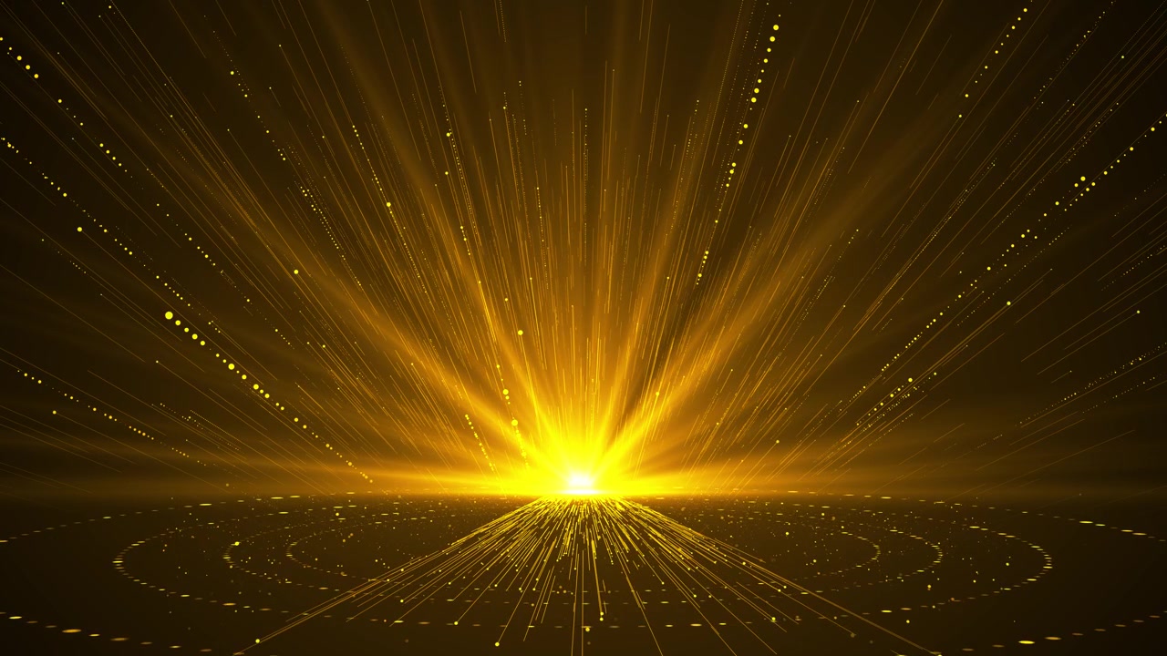 Golden energy burst background with bright horizon flare fast particle streaks and circular light