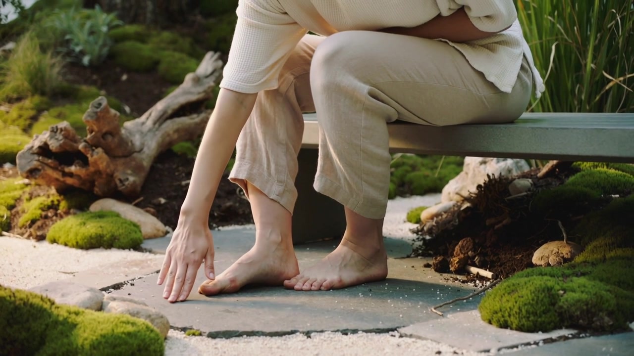 Shifting weight woman wearing light pants reaching left hand to stone on garden bench, settling