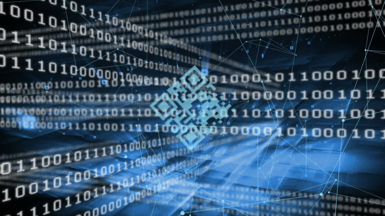 Animation of QR code with web connections and multiple lines of numbers