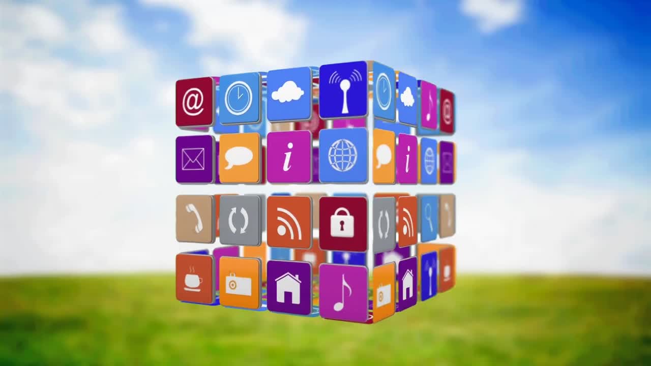 animación de un cubo con iconos digitales flotando sobre el paisaje
