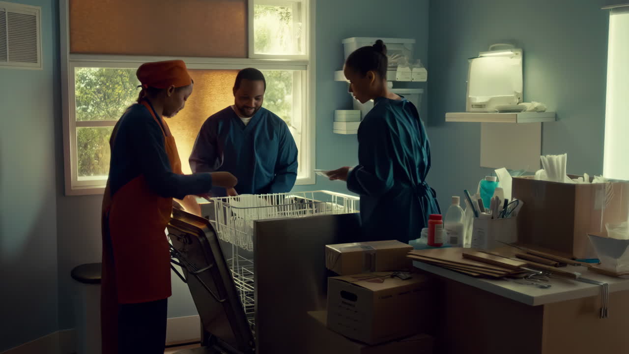 Medical staff cleaning and organizing equipment in a healthcare facility