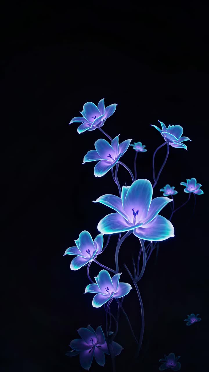 A low-angle shot of glowing blue flowers against a black background, creating a surreal, ethereal