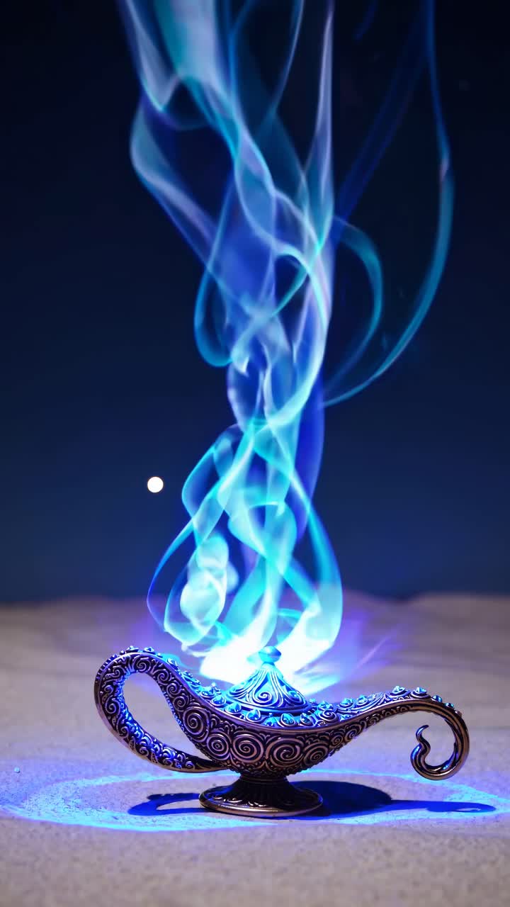 A mystical lamp emits swirling blue smoke in a low-angle shot, creating a magical atmosphere