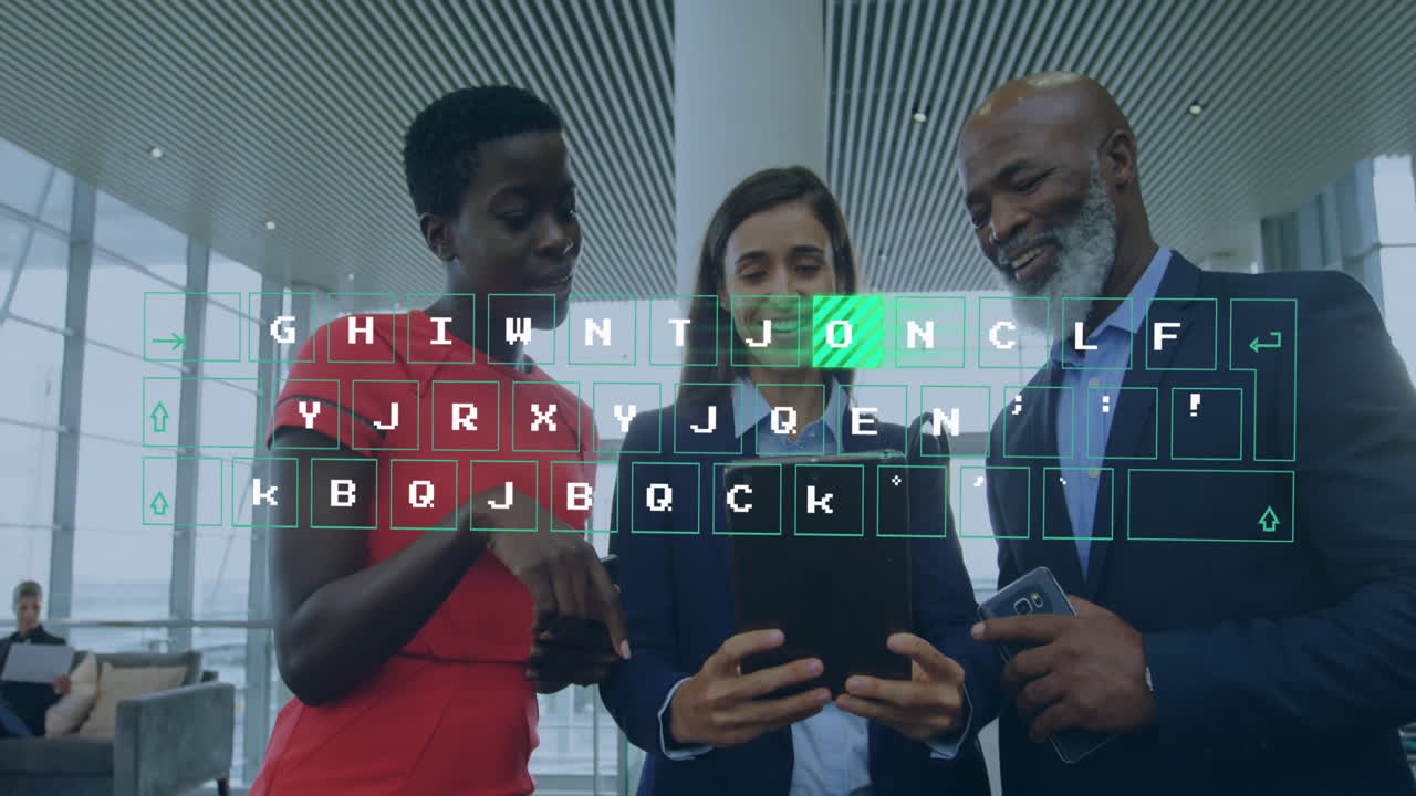 Business team collaborating in modern lobby, using tablet and phone with digital keyboard overlay