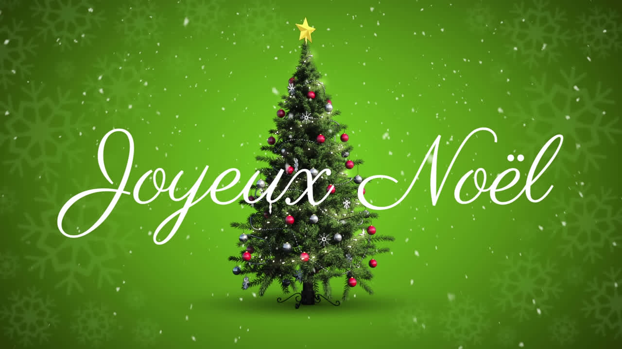 Animazione di auguri di Natale "Joyeux Noël" sopra un albero di Natale su sfondo verde