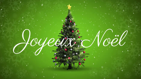 Animation-of-joyeux-noel-christmas-greetings-over-christmas-tree-on-green-background