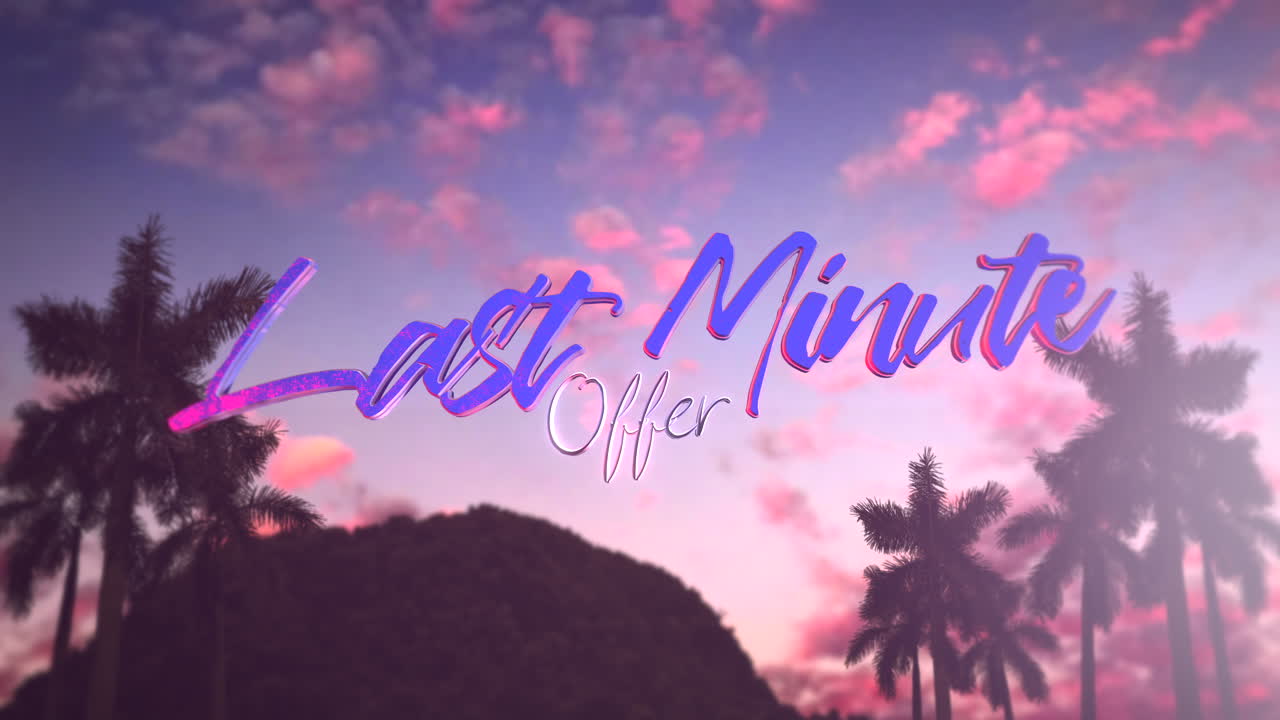 석양에 산과 야자수가 있는 열대 풍경이 있는 마지막 순간 제공