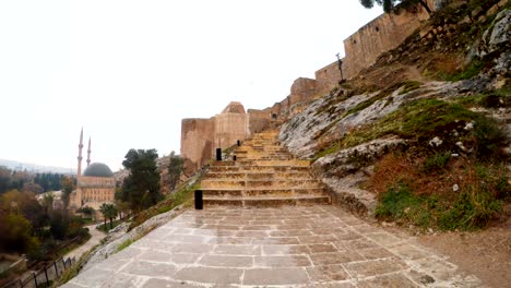 panorama stairs to urfa castle on background mevlid-i halil mosque cloudy wintry day