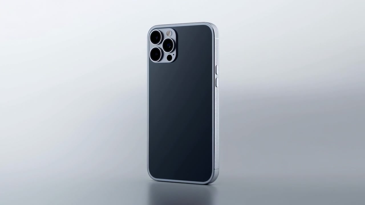 Sleek Smartphone Standing On Surface, Studio Showcase With Glossy Back, Triple Camera Cluster, Aluminum Frame,