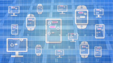 Animation of desktop showing online ai chat processing on electronic devices over office block