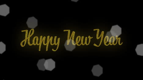 animation of lens flares and happy new year text over black background