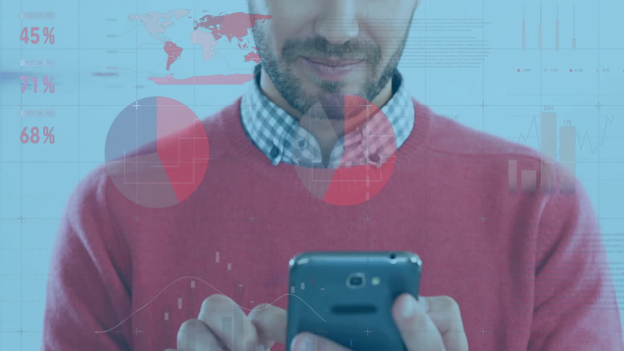 animación del procesamiento de datos sobre un hombre caucásico usando un teléfono inteligente