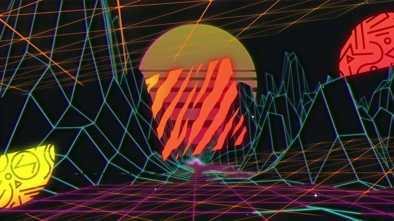 animación de formas abstractas y estructuras del metaverso sobre una red de cuadrícula contra un fondo negro