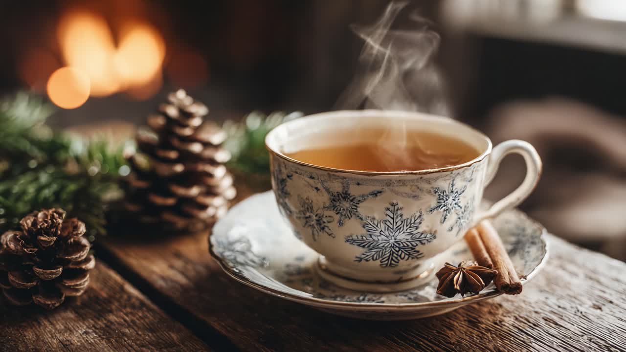 A Cozy Winter Scene: A Steaming Cup of Tea Surrounded by Pine Cones and Festive Décor, Perfect for Relaxing by the Fireplace on a Chilly Evening