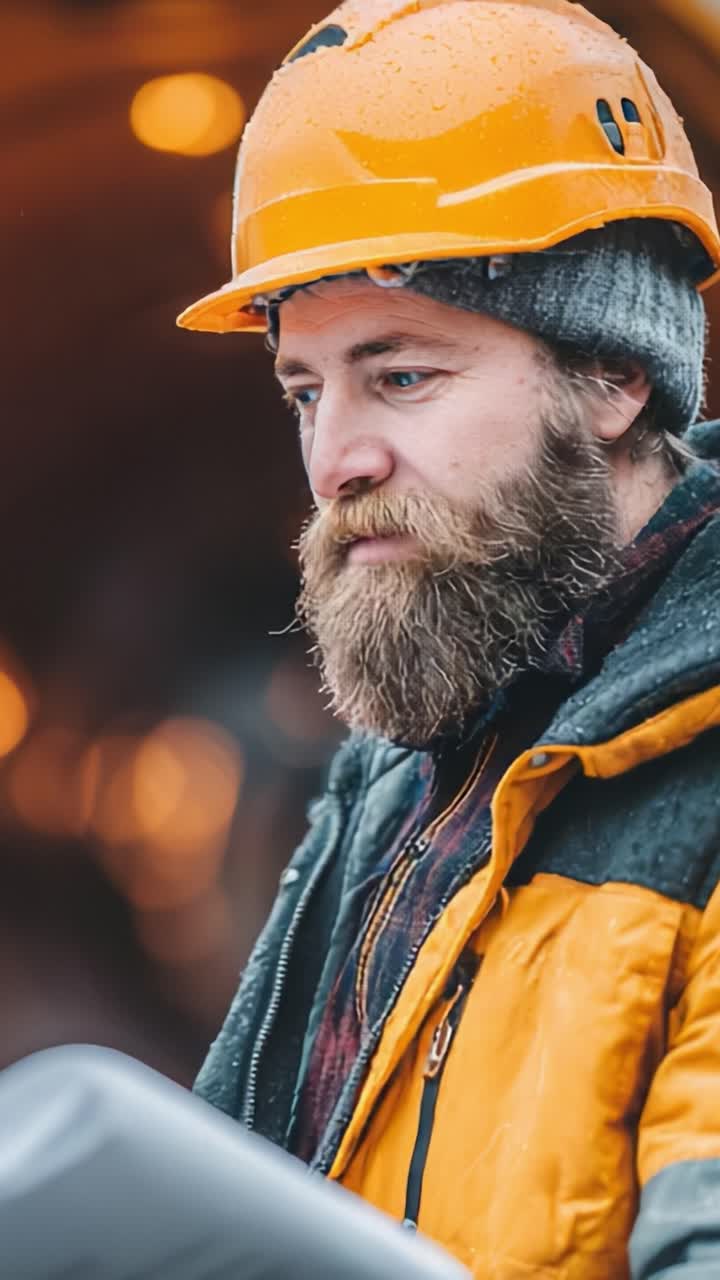Construction Worker in Rainy Weather Wearing Safety Gear Focused on Tasks, Depicting Resilience and Dedication Amidst Challenging Conditions