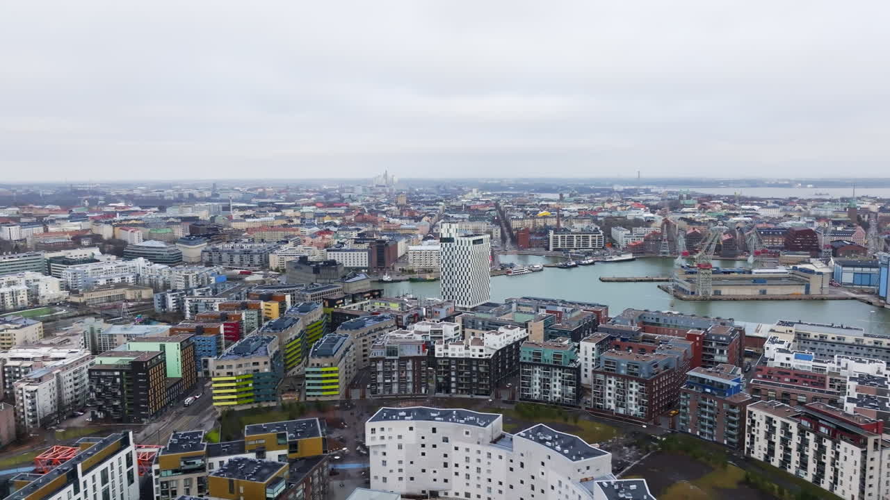 Aerial tracking shot over the cityscape of Jatkasaari, cloudy day in Helsinki