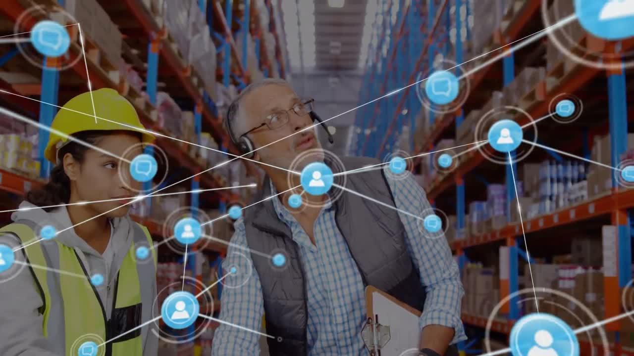 animación de iconos de perfil que conectan puntos, supervisor multirracial, colega en el almacén