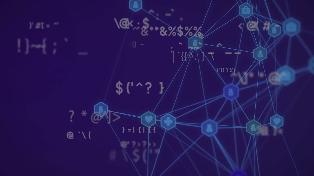Network of connections and coding symbols animation over blue background