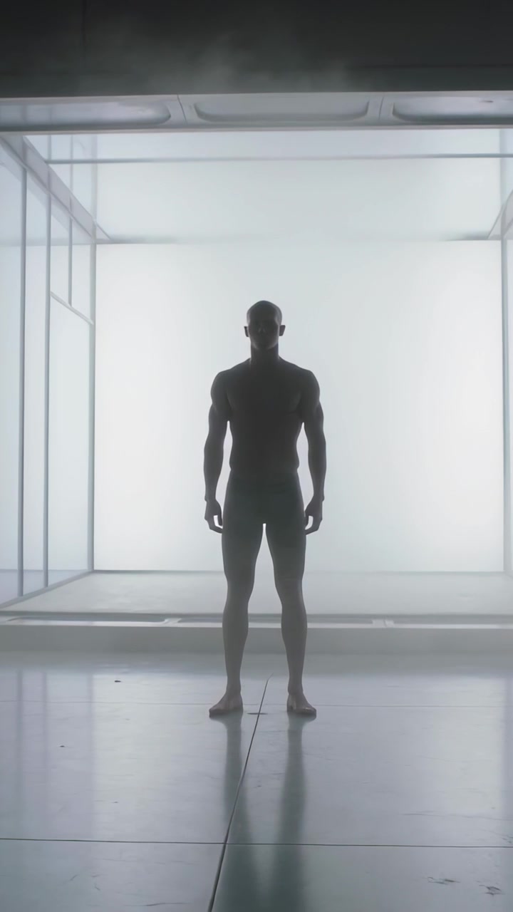 Vertical video: Filming barefoot male figure in shorts standing at center in studio, backlit panel