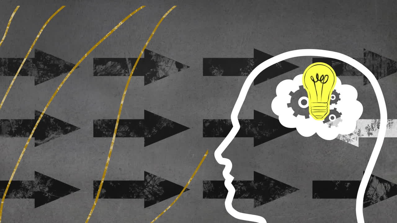 animación de una cabeza humana con una bombilla sobre flechas negras