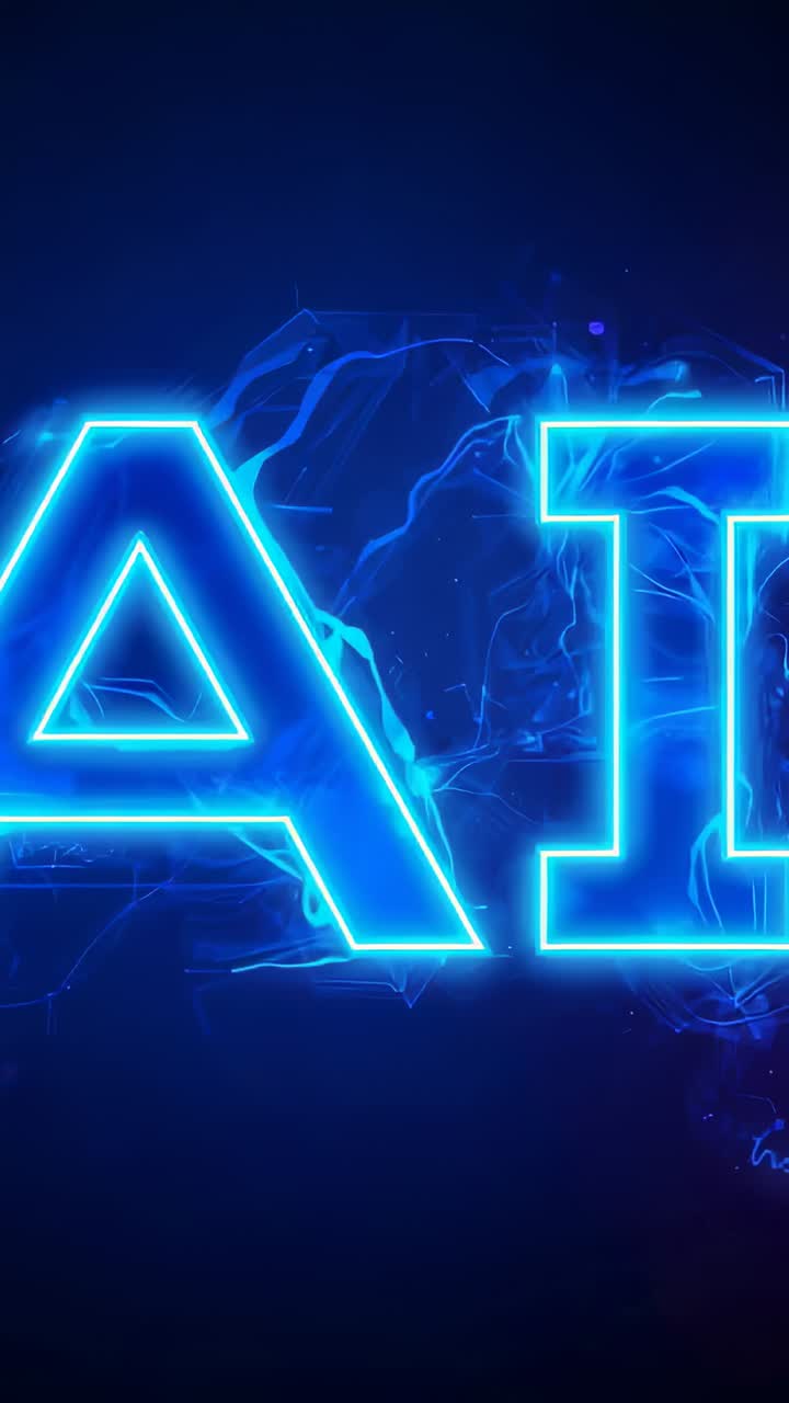 Vertical video: Plasma igniting neon text showing letter A and I on navy backdrop for vivid reveal