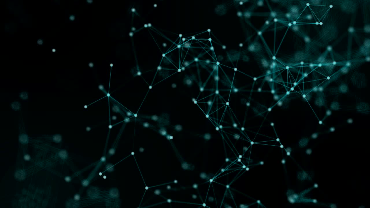 Abstract web background. polygon lines and dots moving randomly on dark gray/black background. Seamless loop.