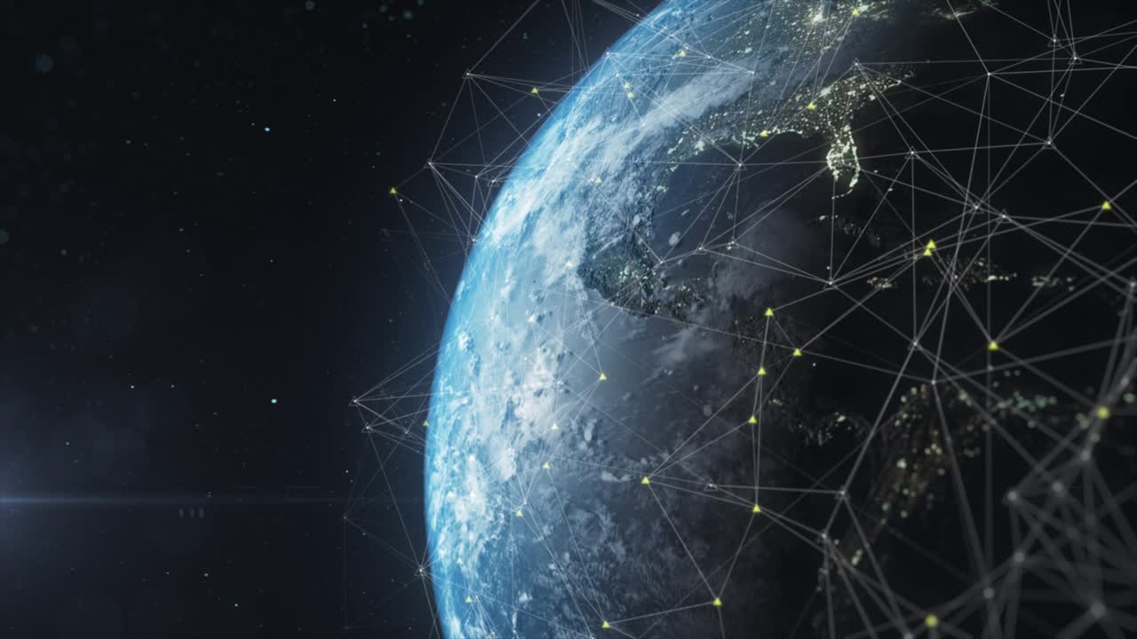 Abstract technological globalization of the Earth in 3D graphics. Artificial intelligence transmission concept over fiber optic cable.