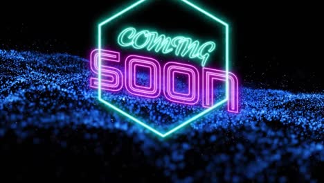 Animation-Von-Blauen-Punkten,-Die-Sich-über-Neon-Text-„Coming-Soon“-Auf-Schwarzem-Hintergrund-Bewegen