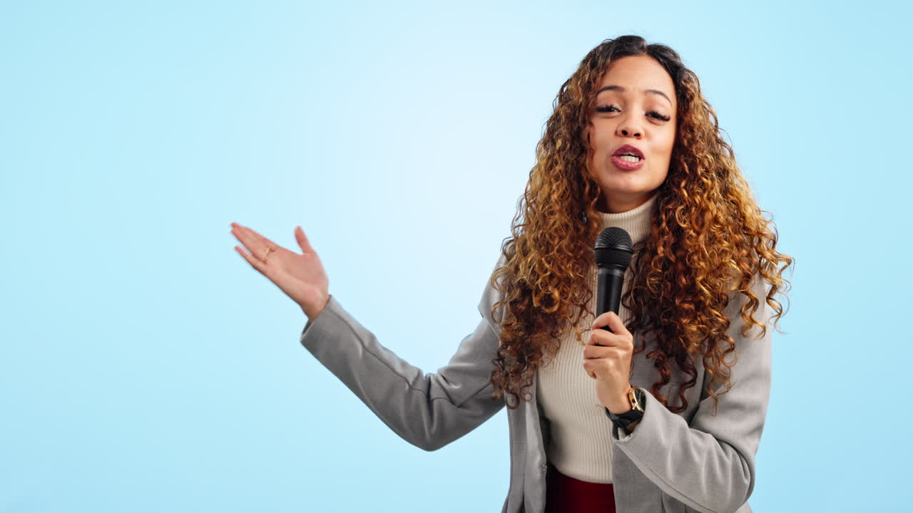 Talking, reporter and woman with news broadcast