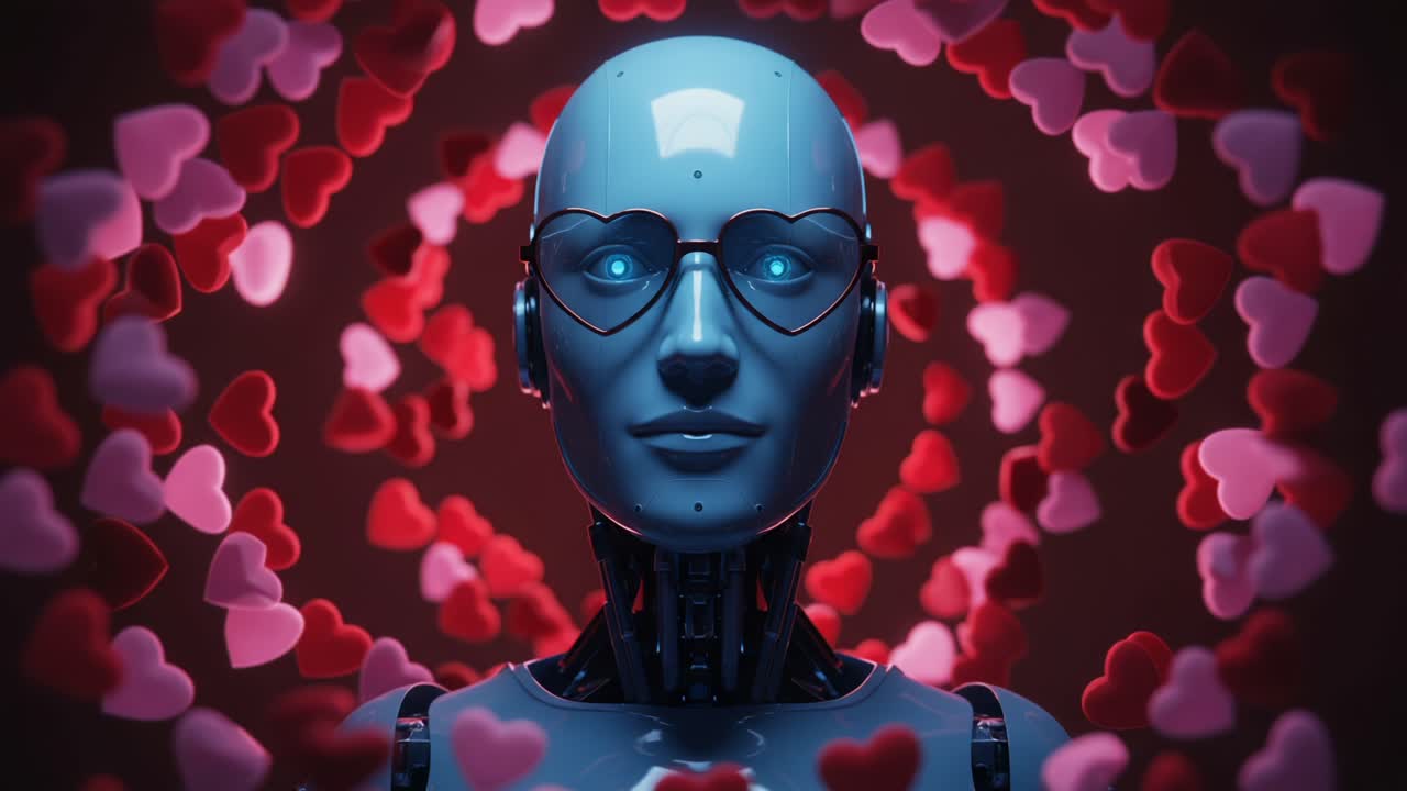 A futuristic humanoid robot with heart-shaped glasses stands amidst a swirling backdrop of colorful hearts, symbolizing love and affection in a digital age