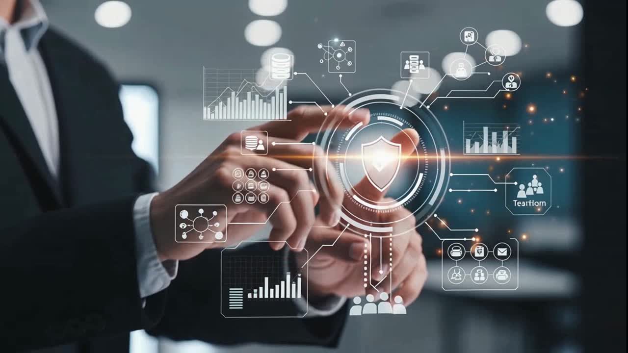 Businessman Activating Cybersecurity Protection Shield on a Futuristic Virtual Data Interface