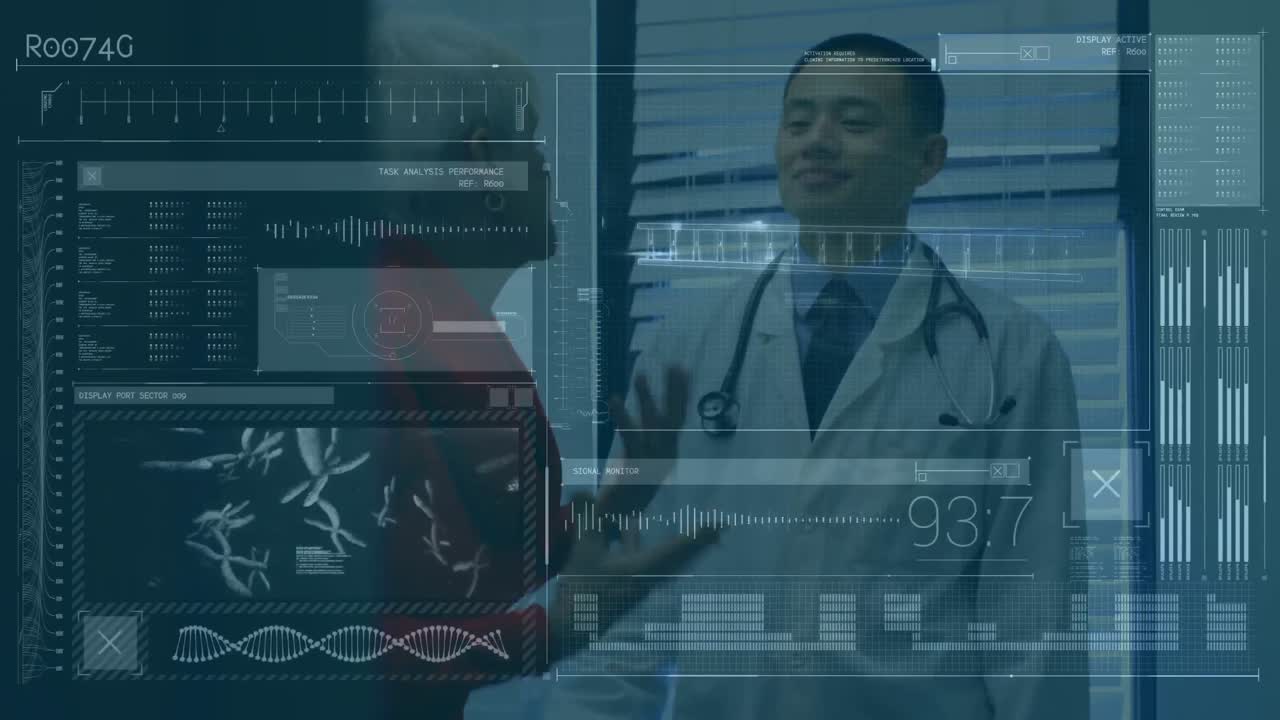 Medical interface against male doctor talking to female senior patient