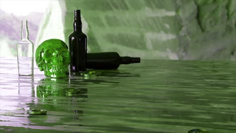 cráneo verde y botellas en una mesa